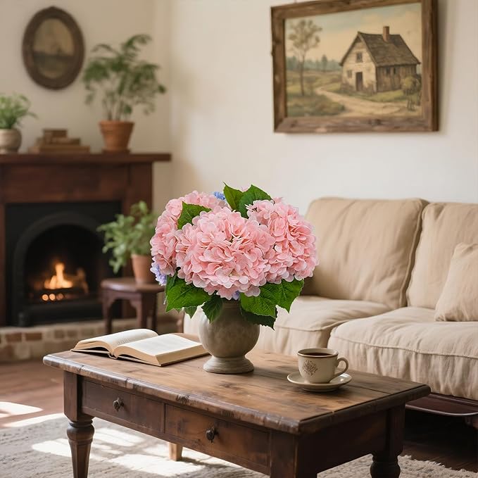 4-Packet Pink Hydrangea Artificial Flowers Faux Hydrangea Flowers Real Touch Home Bathroom Office Kitchen Dining Room Arrangements End Table Centerpiece Shelf Decorations