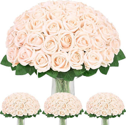 BLEUM CADE 100 Pcs Champagne Roses Artificial Flowers, Real Touch Velvet Roses Fake Flowers Bulk, Artificial Roses Bouquet with Long Stems Bridal DIY Wedding Party Centerpiece Decorations