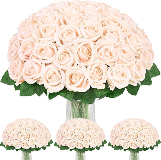 BLEUM CADE 100 Pcs Champagne Roses Artificial Flowers, Real Touch Velvet Roses Fake Flowers Bulk, Artificial Roses Bouquet with Long Stems Bridal DIY Wedding Party Centerpiece Decorations