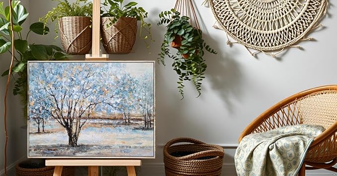 Yihui Arts Tree Canvas Wall Art - Hand Painted Textured Blue and Gold Foil Abstract Forest Landscape Modern Artwork for Living Room, Bedroom, and More