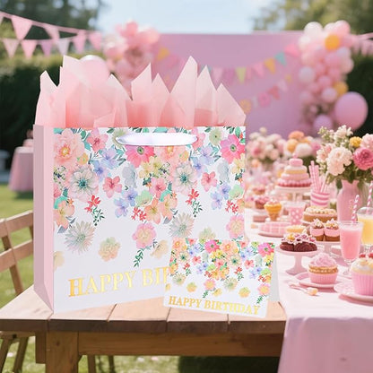 ASYEHJNR 13" Large Size Happy Birthday Gift Bag Floral Flower Pattern with Metallic Gold Happy Birthday Sign Vintage Gift Bag with Greeting Card and Tissue Paper for Girls Women