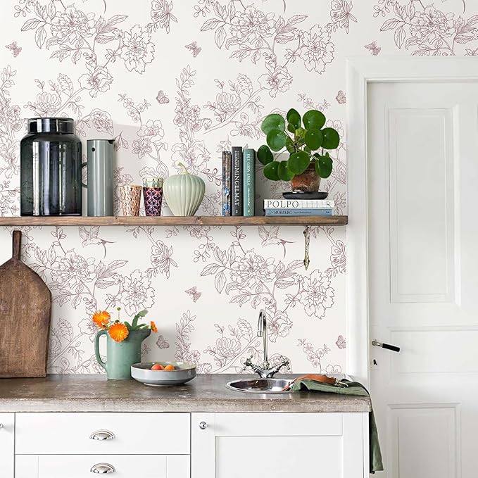 Red and White Floral Peel and Stick Wallpaper 16.9"x196.8" Vintage Floral Contact Paper Peel and Stick Bird Flower Wallpaper Self Adhesive Removable Wall Paper for Cabinets Bathroom Decorative