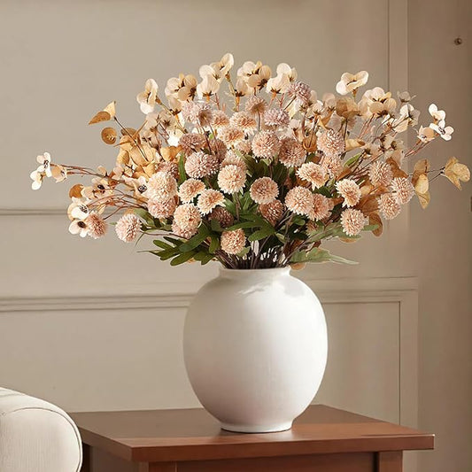 Real-Touch Beige Faux Mums Bouquet, 20 Fake Kiku Stems with Eucalyptus & Wildflowers, Full and Lifelike Artificial Flower Arrangement for Vases, Weddings, Centerpieces & Home Décor (No Vase)