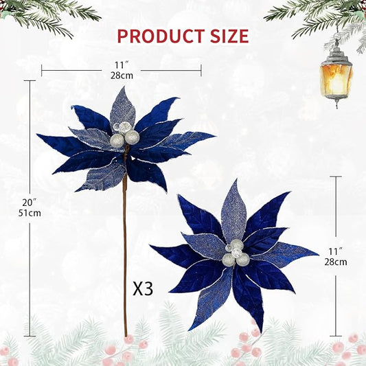 Hollyone 3PCS Poinsettia Christmas Flowers Artificial 11" Large Velvet Blue Glitter Poinsettia Flowers Christmas Tree Ornaments Floral Picks for Tree Wreath Garland Vase Table Centerpiece Home Decor