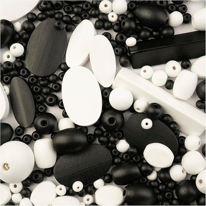 John Bead 90g Craft Beads White and Black Wood Beads with Elastic Nylon Cord