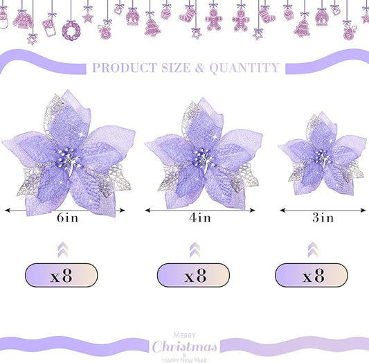 Boao 24 Pieces Christmas Artificial Glitter Poinsettia Flowers Xmas Flowers Wedding Christmas Tree New Year Ornaments(Purple)
