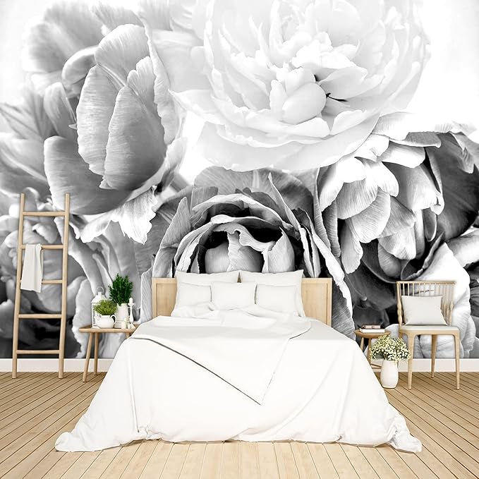 Grey Peony Floral Wallpaper Bedroom Black and White Flowers murals Aesthetic Room Decor Living Room tv Background Large Wall Mural - 91"x65" Not Peel and Stick