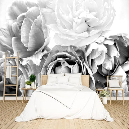 Grey Peony Floral Wallpaper Bedroom Black and White Flowers murals Aesthetic Room Decor Living Room tv Background Large Wall Mural - 91"x65" Not Peel and Stick