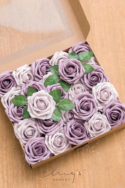 Ling's moment Artificial Flowers 25Pcs Dusty Violet Roses Decor w/Stems,3" Real Touch DIY Foam Floral for Wedding Bouquet/Centerpieces, Outdoors Party Backdrop, Room/Table, and Garden/Pot Decorations