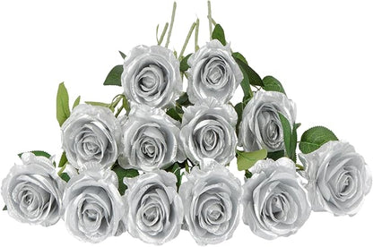 12 PCS Artificial Flowers Silver Roses, Silk Flowers Fake Long Stem Artificial Roses for Home Wedding Bathroom Kitchen Decorations (Silver)