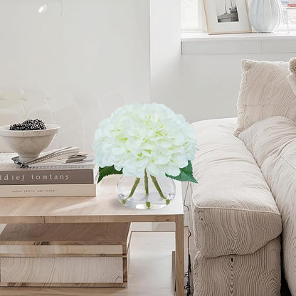 Big Petals Hydrangea Artificial Flowers in Vase, White Silk Fake Flowers Silk Centerpiece Table Decorations for Dining Room,Coffee Table Decor,Wedding, Home with Faux Water Decor (New White)