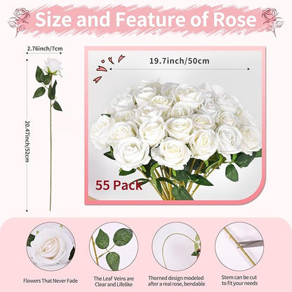 52 PCS White Roses Artificial Flowers, Fake White Roses Bouquet,White Artificial Silk Roses with Stems for Wedding Flowers Decoration, Valentines Day Mothers Day, Bridal Bouquet Roses