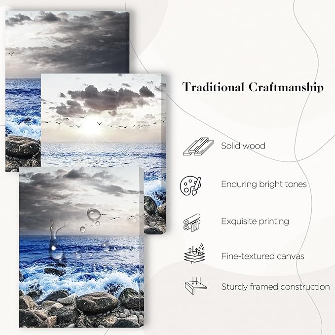 SERIMINO Beach Wall Art Set, Blue Coastal Landscape Wall Decor, Modern Ocean Paintings Art Prints Home Office Decoration, Seaside Canvas Pictures for Living Room Bedroom Bathroom 3 Pieces 16"X24"