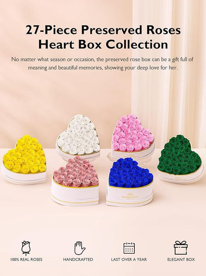 Eterfield 27 Forever Flowers in Heart Shape Box, Preserved Roses That Last a Year Preserved Flowers Birthday Gifts for Her Mom Women Wife Anniversary Valentines Day Mothers Day Christmas, Green
