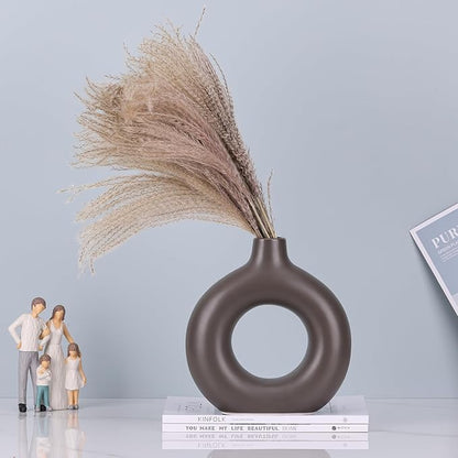 Brown and Cream Vase Decor Donut Vase Set of 2 - Circle Hollow Vases, Modern Matte Ceramic Vases for Entryway Living Room Bedroom Dining Table Centerpiece Office Home Decor