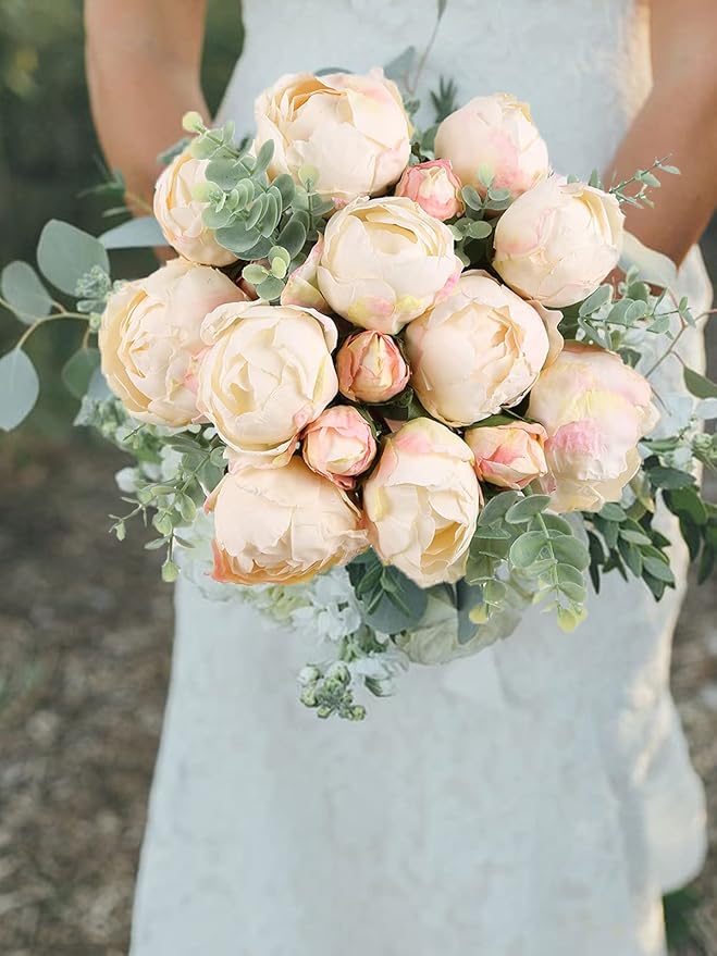2 Bouquets Peonies Artificial Flowers, Vintage Peonies 18pcs White Fake Flowers for Home Decoration Wedding Decoration Bride Bouquet Silk Peonies for Flowers Crafts Floral Arrangement (White)
