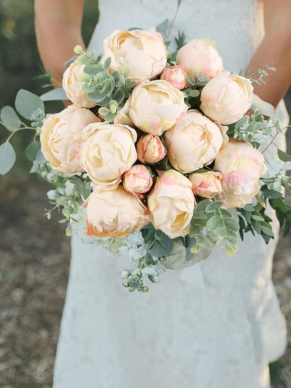 2 Bouquets Peonies Artificial Flowers, Vintage Peonies 18pcs White Fake Flowers for Home Decoration Wedding Decoration Bride Bouquet Silk Peonies for Flowers Crafts Floral Arrangement (White)