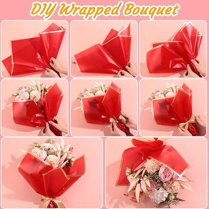 Yahenda 420 Sheet Flower Wrapping Papers Flower Bouquet Paper with Gold Edge Korean Style Bouquet Wrapping for Floral Supplies Wedding Anniversary DIY Gifts, 23 x 23 Inch(Red)