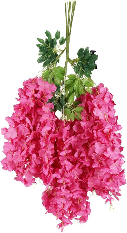 12PCS Artificial Wisteria Hanging Flowers 3.6ft Rose Red Fake Hanging Flowers Garland Silk Flowers Rattan String Faux Wisteria Vine for Garden Home Wedding Arch Decor (Rose Red)