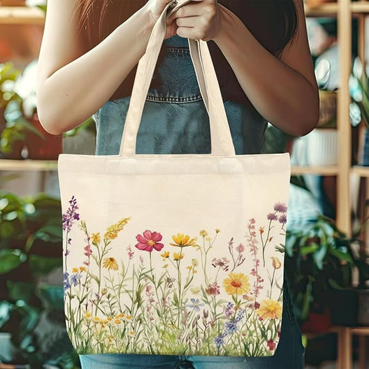 Aesthetic Floral Canvas Tote Bag for Women with Pocket, Tote Bags for Grocery Shopping Travel Christmas Birthday