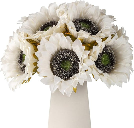 DuHouse 12pcs Artificial Sunflowers with Long Stems 5.5" Silk Sunflowers Bulk for Wedding Home Garden Outdoor Party Decoration(White)