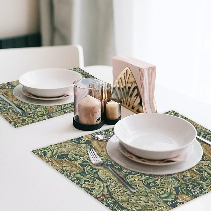 William Morris Floral Animal Placemats Set of 4, Vintage Botanical Plant Birds Rabbit Place Mats, Heat Resistant Non Slip Cotton Linen Dining Table Mats for Home Kitchen Party 18x12 Inch