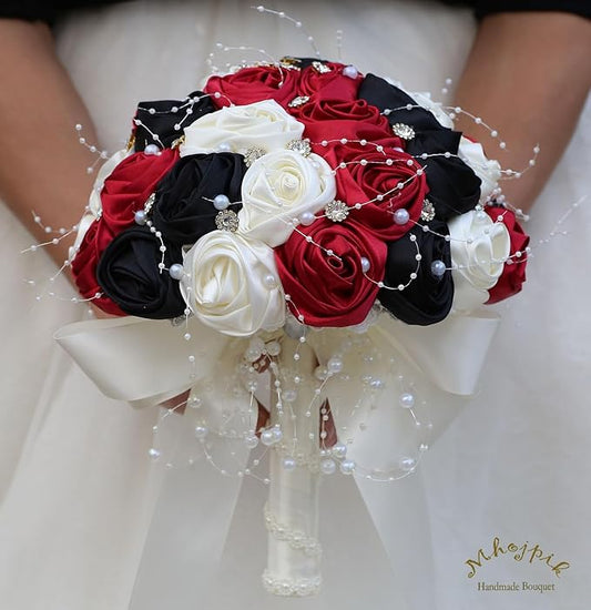 Bridal Wedding Bouquet Round Bling Brooch Bouquet Throw Toss Artificial Rose Flower Bunch for Bride Bridesmaid Wedding Quinceanera(Ruby Red, Black & Ivory, 9.8")