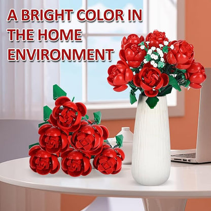 780 PCS Red Rose Building Flower Bouquet Kit for Adults & Kids, DIY Artificial Flowers Set for Home Decor, Desk Display, Gifts for Women, Girls (Rose)