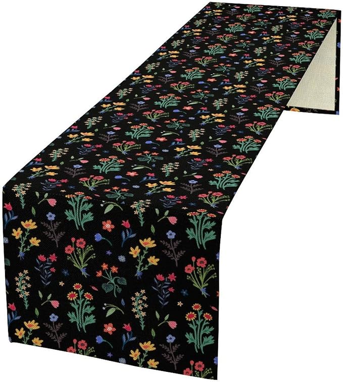 Retro Floral Table Runner, Colorful Bohemian Wildflower Flowers Blooms Vintage Table Runner for Kitchen Dining Party Home Decor, 13x90 Inch