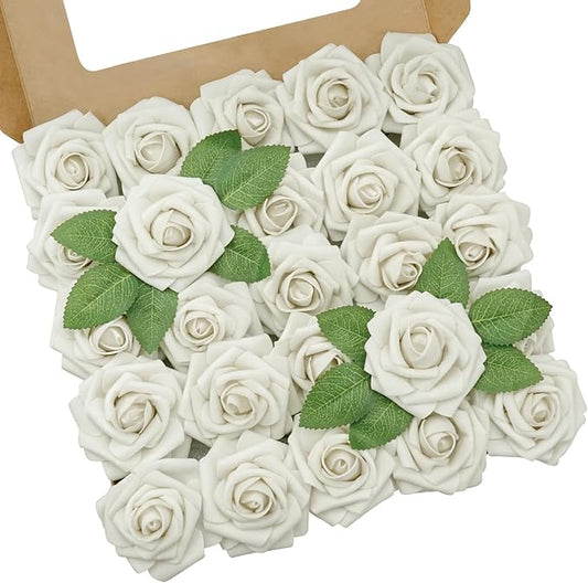 Artificial Flowers, 50pcs Artificial Rose for DIY Bouquets Arrangement, Sand White Rose Flowers Foam Fake with Stems for Wedding Shower Party Floral Arrangements Home Decorations