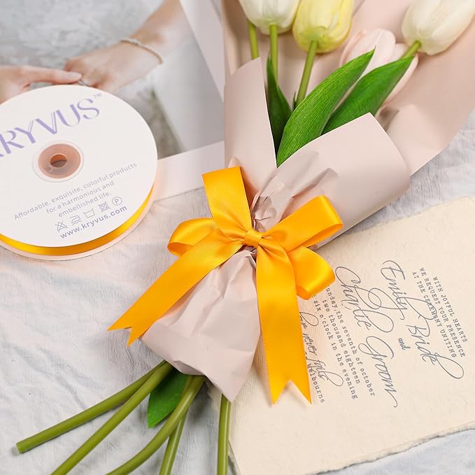 Yellow Gold Satin Ribbon, Double Faced 1 Inch X 50 Yards Yellow Gold Ribbon, Premium Satin Ribbon for Gift Wrapping, Crafts, Hair Bow Making, Sewing, Flower Bouquet, Wedding Party Decor