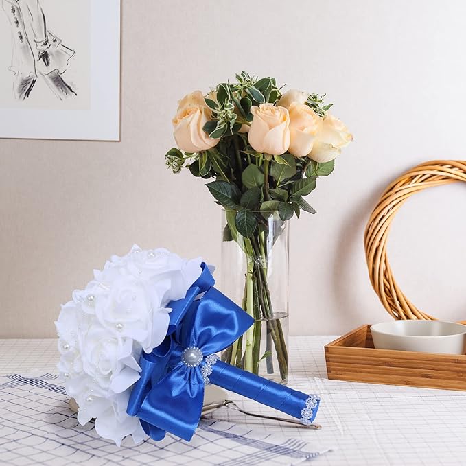 Wedding Bouquets for Brides or Bridesmaids Pearl Embellishment Roses Bridal Bridesmaid Wedding Hand Bouquet Artificial Fake Flowers.(Blue)