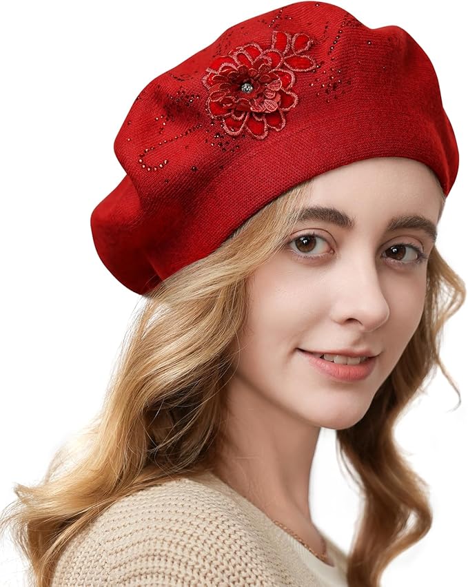 Flower Embroidery Beret Hat for Women, French Style Knitted Beret Hats, Stylish Solid Color Beret Cap for Women Girls Lady