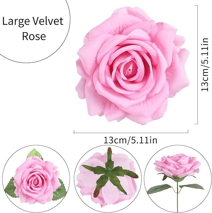 IPOPU 5 Inches Pink Large Rose Heads Artificial Flowers Pink Rose with Stems10pcs Fake Flower Bulk for Wedding Home Party Office Floral Arrangements(Pink)