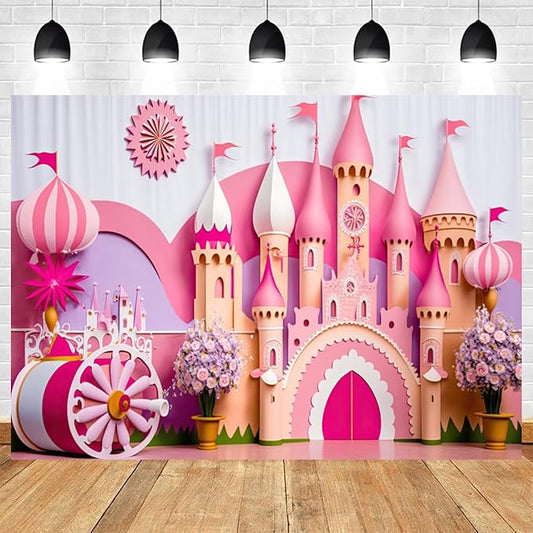 15x10ft Princess Castle Backdrop Pink Purple Floral Girl Birthday Photography Background Kids Birthdays Newborn Baby Shower Banner Decorations Wedding Party Portrait Photo Booth Prop