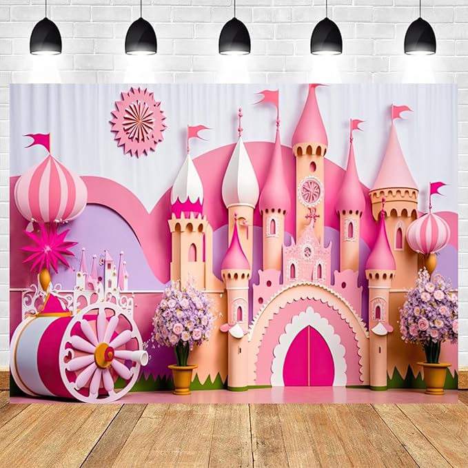 8x4ft Princess Castle Backdrop Pink Purple Floral Girl Birthday Photography Background Kids Birthdays Newborn Baby Shower Banner Decorations Wedding Party Portrait Photo Booth Prop