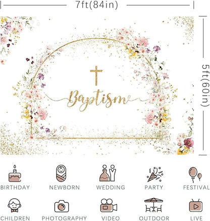 Baptism Backdrop God Bless Floral Golden Dots First Holy Communion Christening Photography Background Baptism Party Decoration Supplies Baby Shower Banner Photo Booth Studio Props 7x5ft