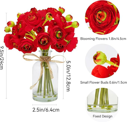 Ranunculus Artificial Flowers with Vase, 8 Pcs Faux Silk Ranunculus Flower in Vase, Small Flower Arrangements for Home Decor Indoor, Table Centerpiece. (Red)