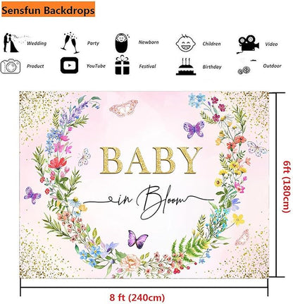 Sensfun Baby in Bloom Backdrop Banner Girls Wildflower Baby Shower Decorations,Pink Floral Butterfly Gold Glitter Photography Background for Wildflowe Baby Shower Newborn Party Photo Booth Props 8x6ft