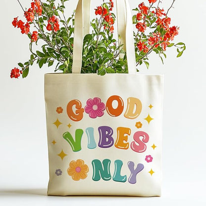 ANATTASOUL Canvas Tote Bag Color Boho Letter Reusable Cotton Bag for Women, Durable Cloth Shoulder Bags with Zipper Pockets for Shopping, Vacation, Work, Gym
