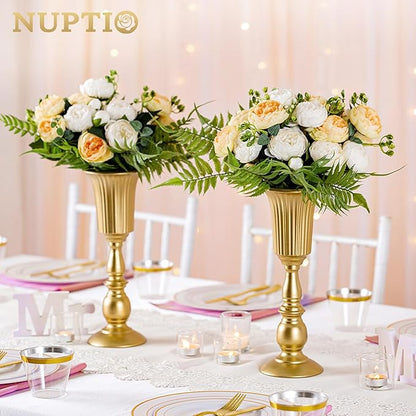 Nuptio Pcs of 2 Metal Trumpet Vase Elegant Wedding Centerpieces Vase for Party Decoration, 31.9cm/12.56" Tall Artificial Flower Arrangements for Anniversary Ceremony Gold