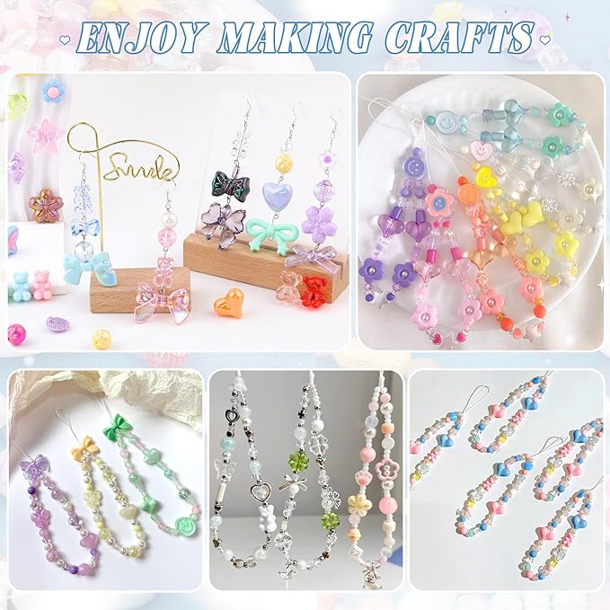 Assorted 500-550PCS 8 Colors Mixed Acrylic Beads for Bracelet Making, Flower Bow GummyBear Bracelet Bead,Cute Beads for Jewelry Making DIY Necklace Keychain Phone Charm Christmas Gift