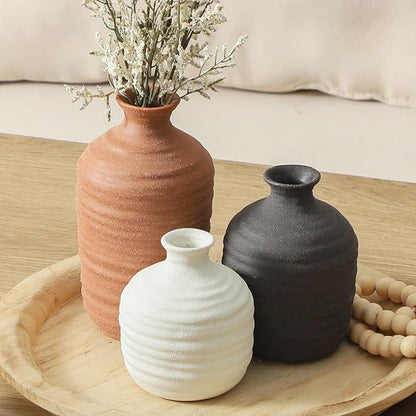 Ceramic Vase Set of 3 Decorative Vase for Home Decor Modern Farmhouse Decor Pottery Neutral Vases for Living Room Bathroom Table Mantel Fireplace Entryway Shelf (02-Brown)