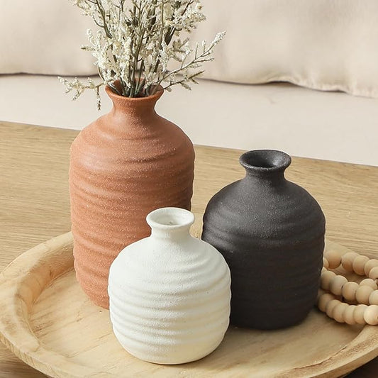Ceramic Vase Set of 3 Decorative Vase for Home Decor Modern Farmhouse Decor Pottery Neutral Vases for Living Room Bathroom Table Mantel Fireplace Entryway Shelf (02-Brown)