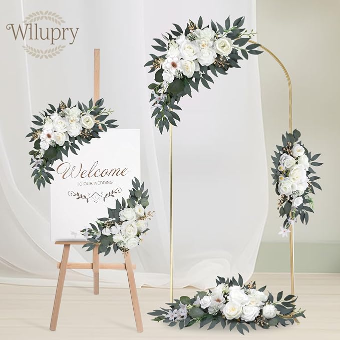 Wedding Arch Flowers for Wedding Welcome Sign, 2PCS Artificial Flower Floral Swag for Decoration Ceremony Reception Backdrop Party Aisle (White)