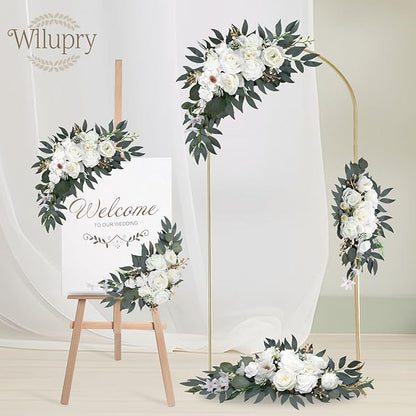 Wedding Arch Flowers for Wedding Welcome Sign, 2PCS Artificial Flower Floral Swag for Decoration Ceremony Reception Backdrop Party Aisle (White)