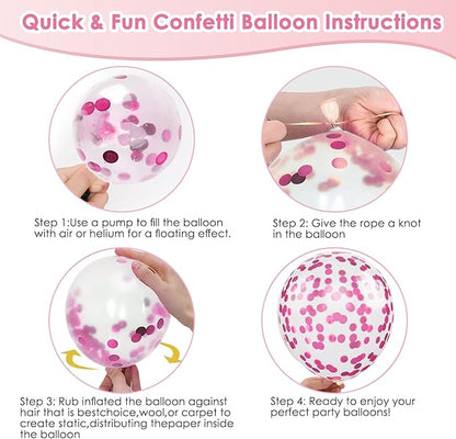 Pink Confetti Balloons Set, 50pcs 12 Inch Metallic Hot Pink Balloons, Light Pink Latex Party Balloon with Pink Ribbons for Girls Women Birthday Bridal Shower Wedding Princess Party Decorations