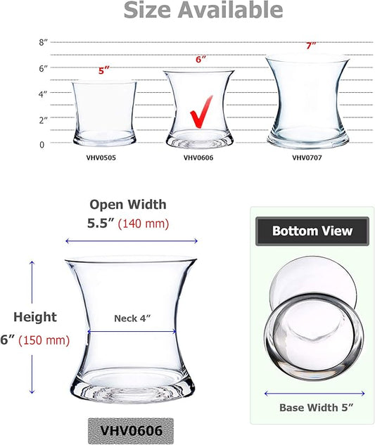 WGV Unique Bouquet Vase, 5.5" W, 6" H, Clear Short Hurricane Concaved Neiman Glass Floral Container, Home Wedding Event Decor, 1 Piece (VHV0606)