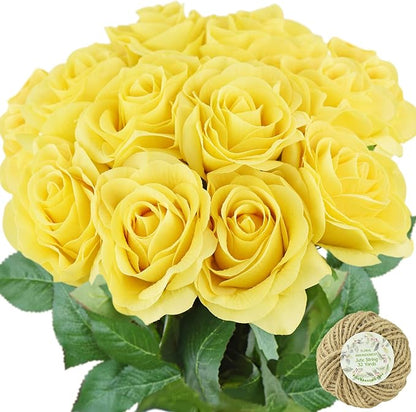 FiveSeasonStuff Fake Roses Wedding Flowers Real Touch Silk Yellow Artificial Flowers 12 Stems