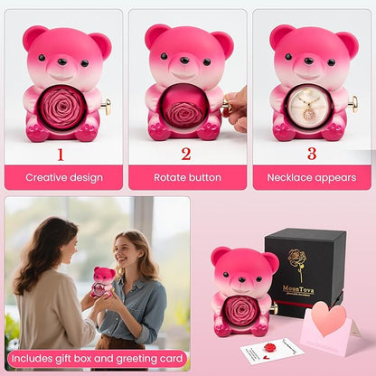 Cute Teddy Bear with Preserved Rose and Necklace, Elegant Bear Roses Gifts with Hidden Jewelry Box for Women, Girlfriend, Wife, Sister, Valentines Day Gift, Forever Eternal Rose Flower Decor